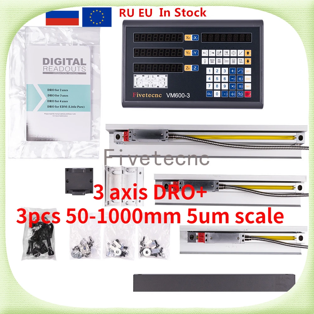 

Fivetecnc YH DRO 3 Axis Digital Readout Counter+3pcs Linear Scale Travel 100-1020mm for Milling Lathe Machine Complete Set