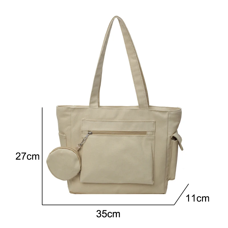 حقيبة حمل قماشية ذات سعة كبيرة للعمل والتنقل على طراز الكلية وحقيبة كتف للكتب مع محفظة مستديرة #6