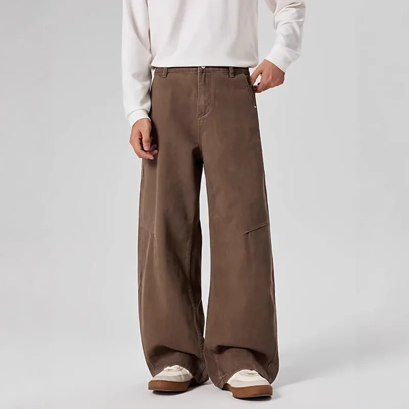 2026 Spring Autumn Brown Retro High Waist Wide Leg Jeans Japanese Korean Fashion Streetwear Men's Casual Loose Denim Pants