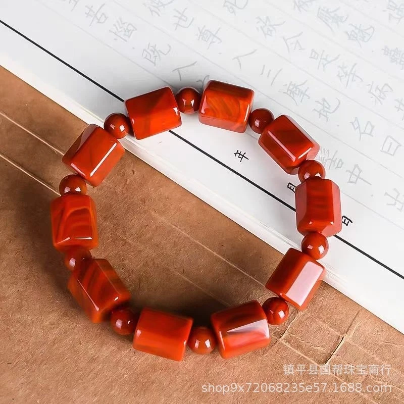 Natural agate bracelet from Liangshan, Sichuan, with flame red beads, unisex jewelry