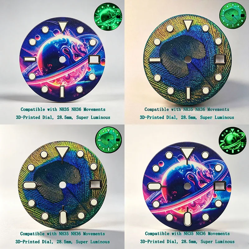 MechJazz 28.5mm 3D‑Printed Watch Dial, Planet Pattern, Super‑Luminova Luminous, Compatible with NH35, NH36 Automatic Movements