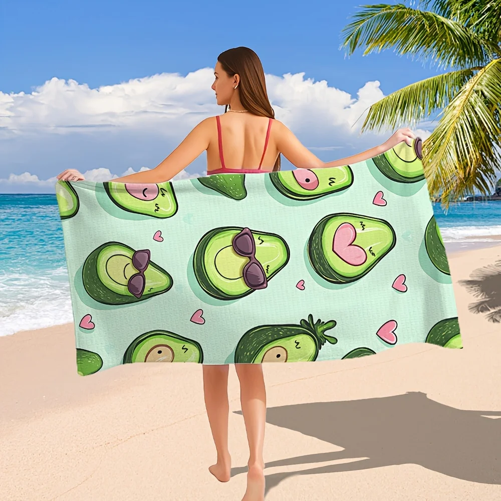 Kawaii Cartoon Avocado Microfiber Beach Towel 2D Flat Printed Sandproof Waterproof Cute Picnic Mat Travel Essentials Spring