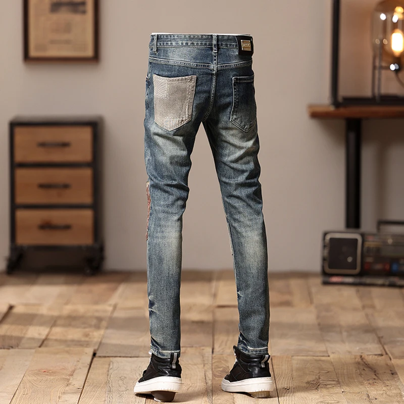 Streetwear Fashion Men Jeans Retro Washed Blue Stretch Skinny Fit Ripped Jeans Men Patched Designer Hip Hop Denim Pencil Pants