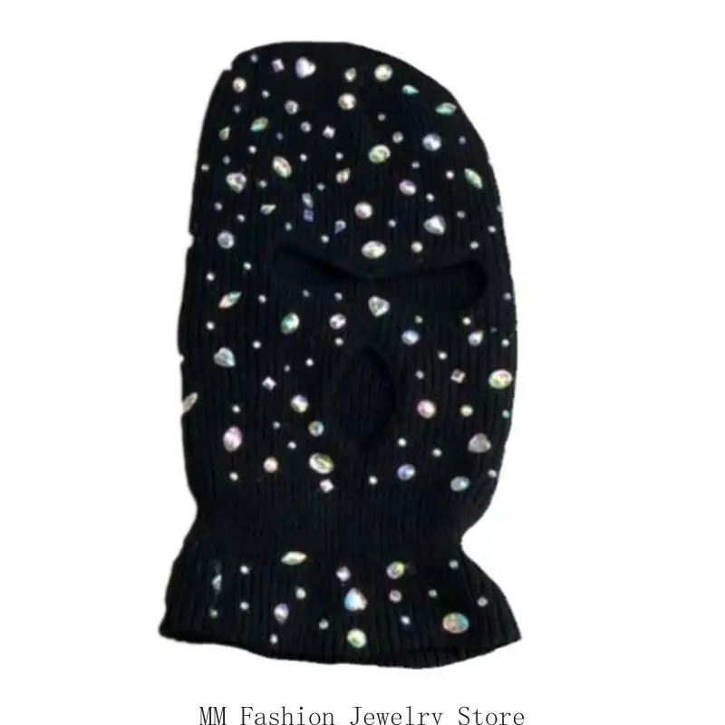 D0UB Knitted Hooded Face Cover Encrusted Halloween Cosplay Balaclava Outdoor