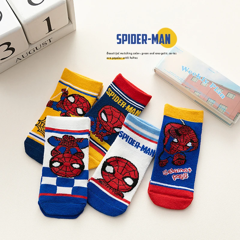 5 Pairs Kids Socks Spring Summer Spiderman Anime Children Socks Boys Short Sock Cartoon Iron Man Captain America Baby Mesh Socks