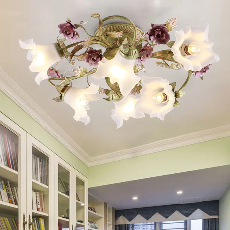 Floral LED Ceiling Lamp Colorful Deco Ceiling Light D68cm H33cm E14 Decora for Dining Room Living Room Girls Bedroom Glass Shade