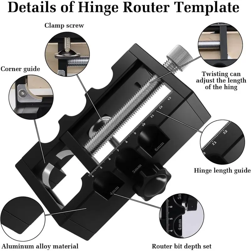 A20F-Adjustable Router Template Hinge Installation Tool, Door Hinge Jig Kit For 4-13Cm Hinge With 1/4