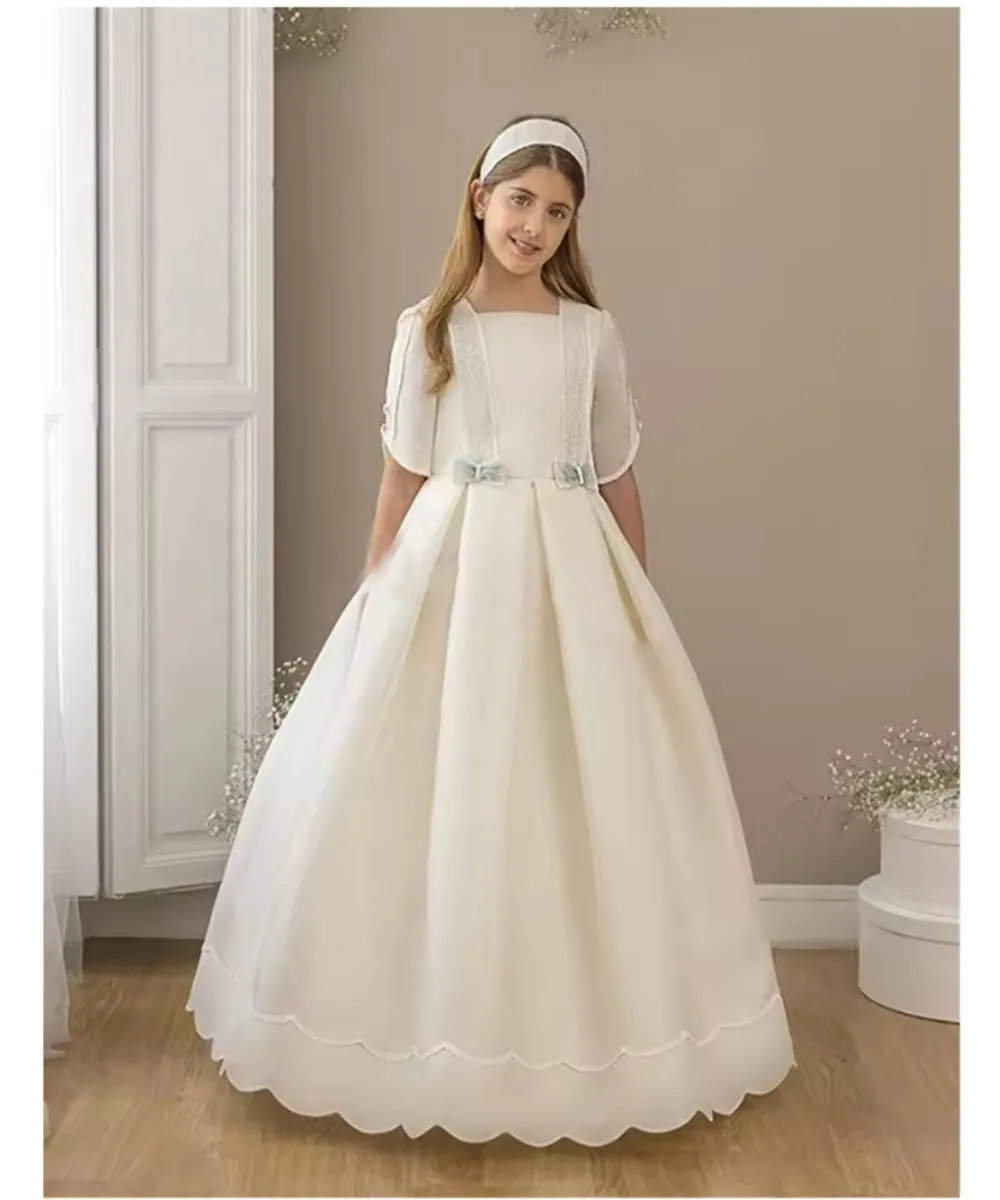 

Elegant First Communion Gowns Customized Satin Wedding Flower Girl Dress Little Princess Girls Birthday Party Gowns