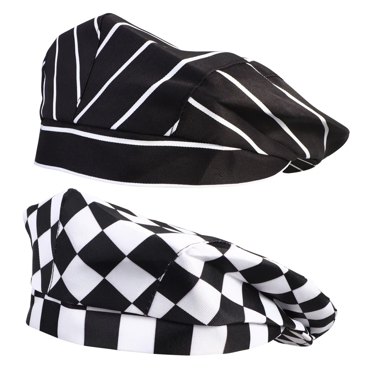 2 szt. Beret Kucharza Czapka Robocza Kuchenna Restauracja Kelner Gotowanie Pyłoszczelna Wygodna Stylowa Czarno-Biała w Paski Krata