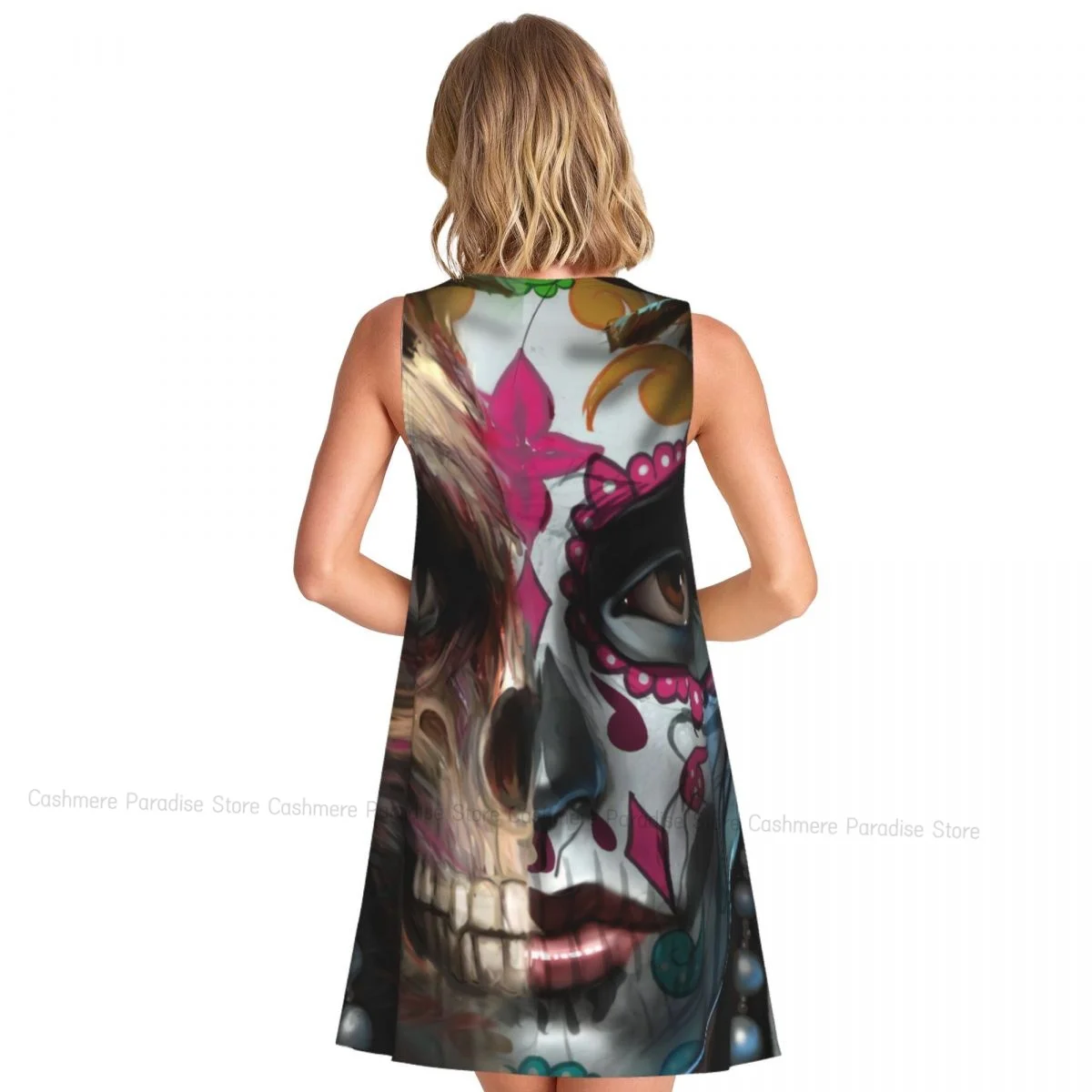 Robe décontractée au-dessus du genou pour femmes, col rond, tête de mort, sans manches
