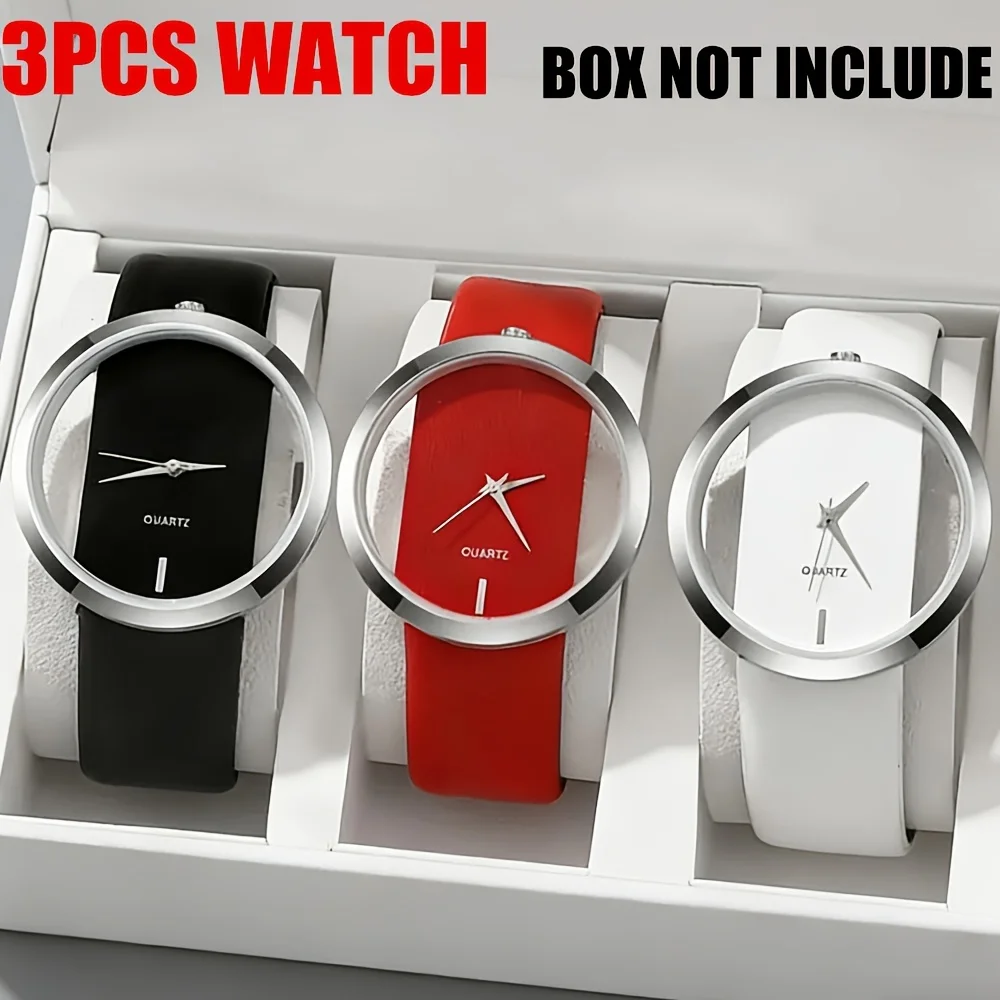 3‑piece/set Fashion Simple Transparent Women's Watch Set, Elegant Casual Faux‑leather Strap Quartz Watch