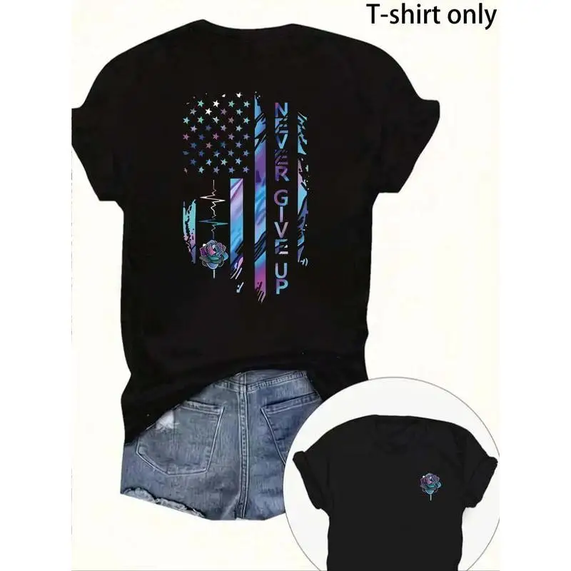 

Women's Floral & American Flag Print Round Neck Tee, Vintage Trendy Casual Short Sleeve T-shirt for Daily Wear, Ladies Summer