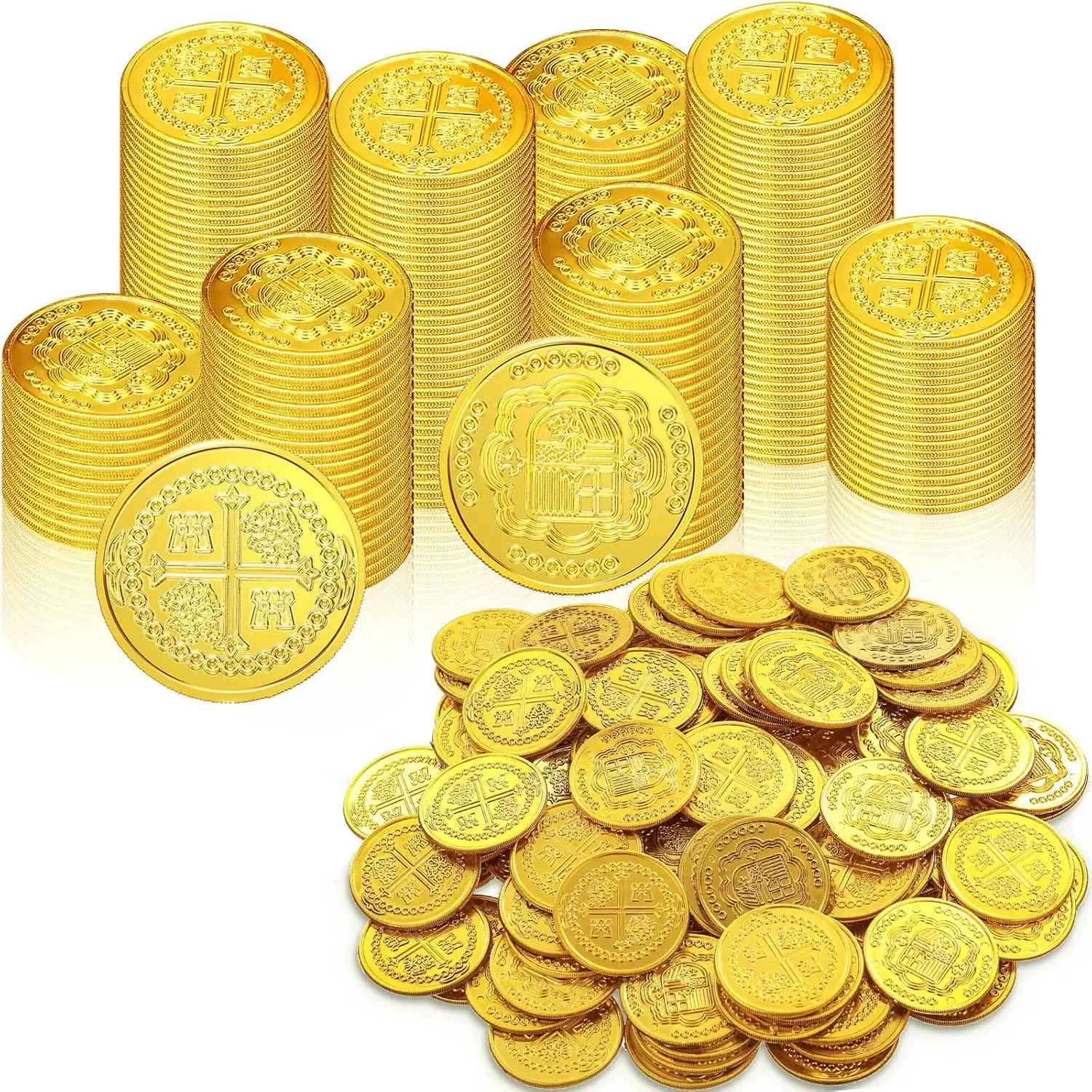 100 Pcs Gold Coins Plastic Treasure Pirate Coins Fake Toy Carnival Party Favors Pirate Party Decoration Birthday Adventure Theme