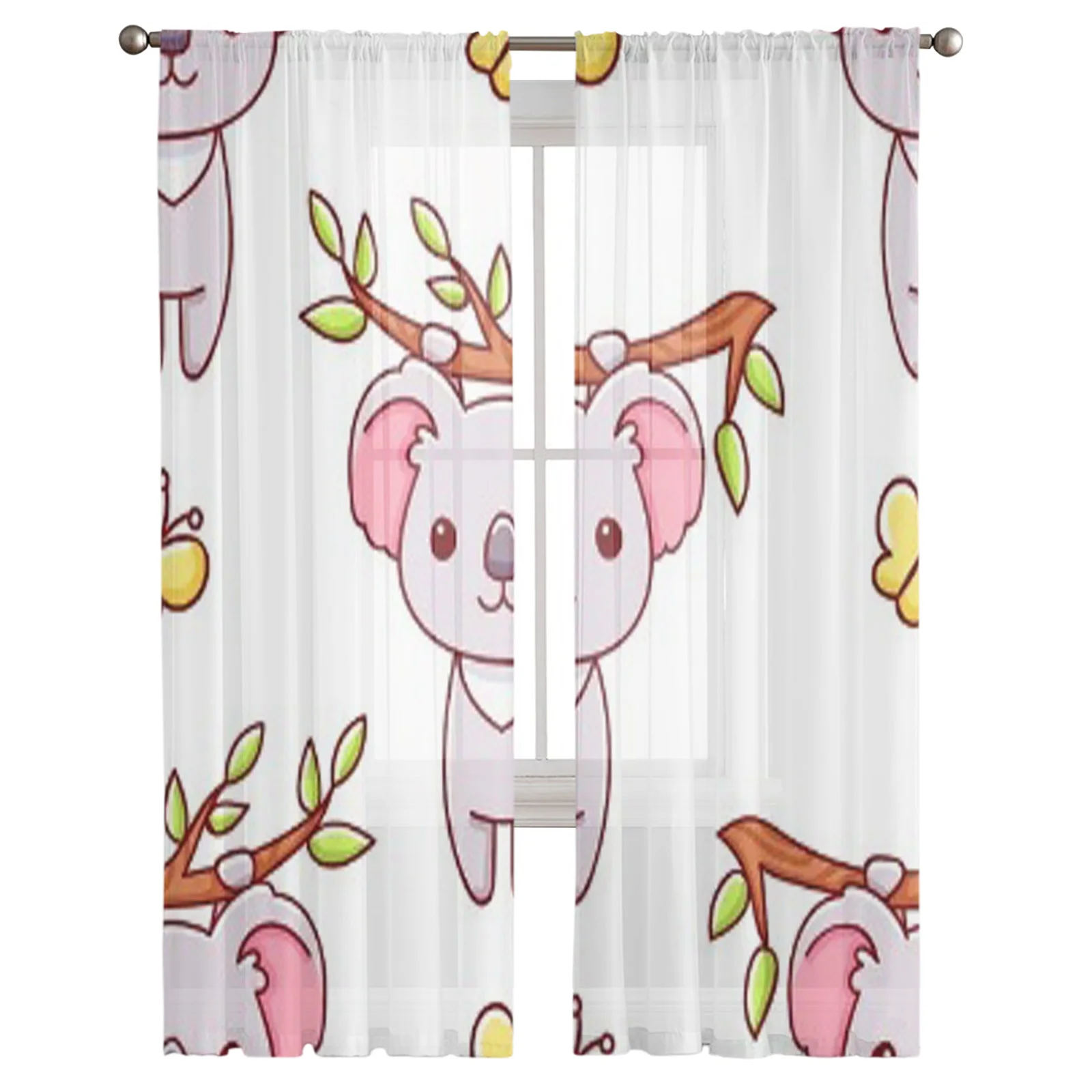 Cute Kawaii Hand Drawn Koala Doodles Bay Window Screening Curtains Voile Organza Drape Sheer Tulle for Living Room Bedroom