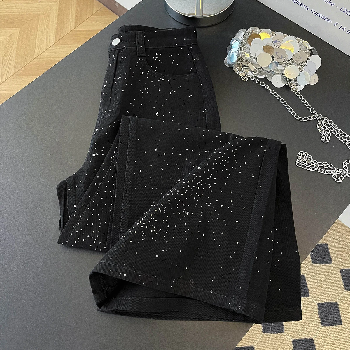 Sparkle Hot Fix Rhinestone Women's Jeans 2026 Autumn American Style High Street Wide Leg Pants Vintage Black Loose Trousers