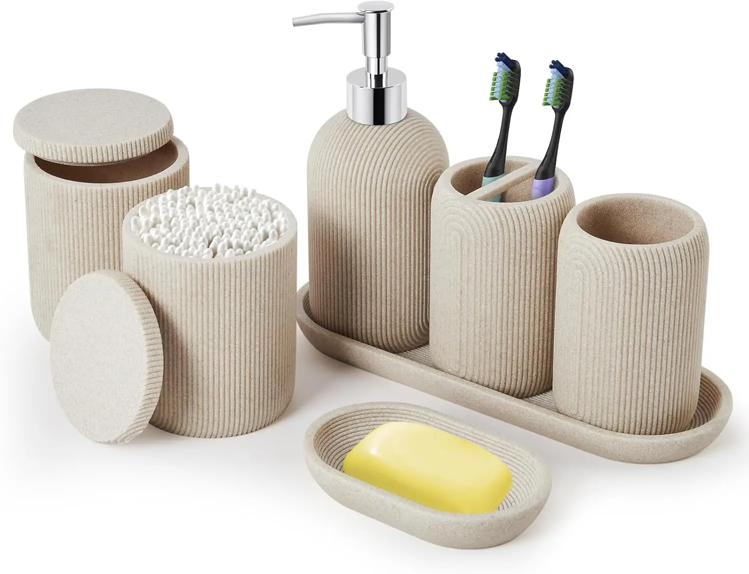 

Bathroom Accessories Set - 7-Piece Resin Bathroom Set, Toothbrush Holders Set, Soap Dispenser, Qtip Holder Dispenser, Tumbler, S