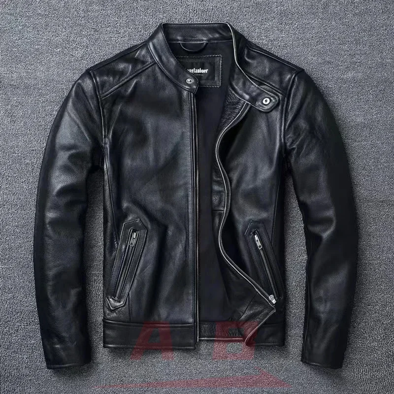 

Men Cafe Racer Jackets Black Vintage Motorcycle Jacket Retro Stand Collar Motorbiker Cowhide Leather Clothing Winter Size 6XL
