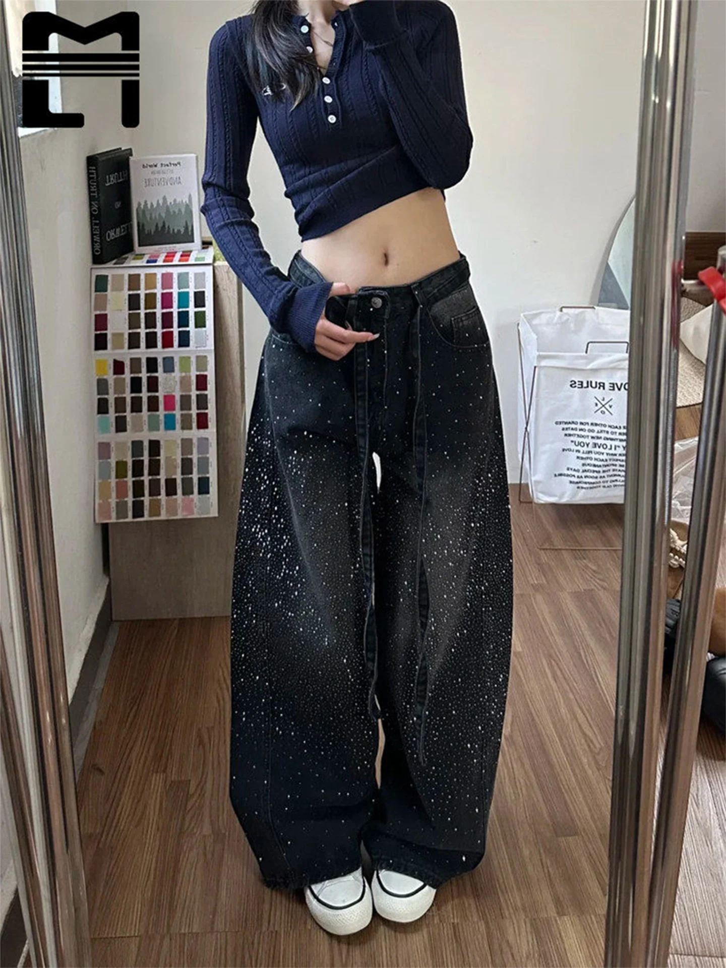 

American Sle Loose Women's Jeans High Waist Wide Leg Casual High Sparkling Rhinestones Knife Floor Length Spring