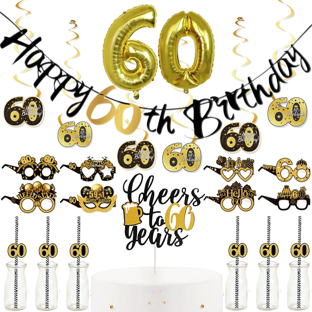 Party zum 60. Geburtstag, Schwarzgold, Geschirr, Banner, Spiralbehänge, für Männer und Frauen, 60-jährige schwarze Gold-Party-Kuchenaufsatz-Dekoration – Detail 1