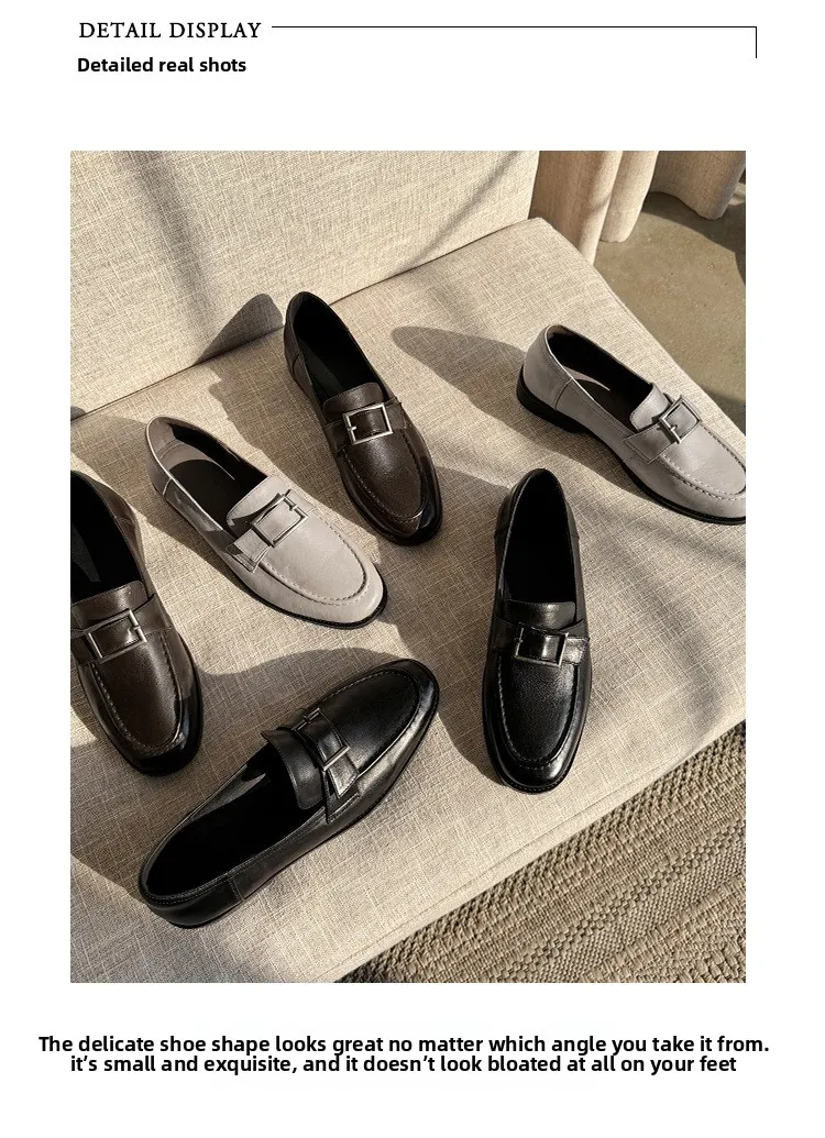 New gray first-layer washed cowhide loafers, round head, belt buckle, one-pedal single shoes, commuter flats.