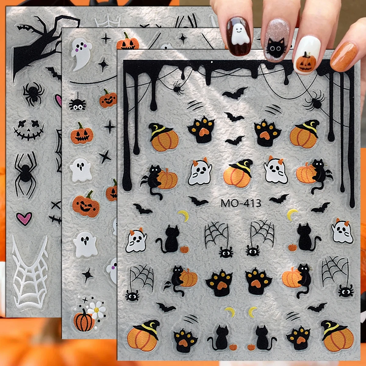 3 to 12 Sheets 5D Halloween Ghost Pumpkin Black Cat Spider Web Bat Orange Gothic Cute Spooky Self-Adhesive Nail Art Stickers