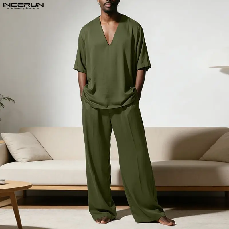 INCERUN Herren-Sets Einfarbiges V-Ausschnitt Halbarm T-Shirt & Hose Zweiteiliges Set Streetwear Übergroße 2026 Herren Passende Sets Trainingsanzug