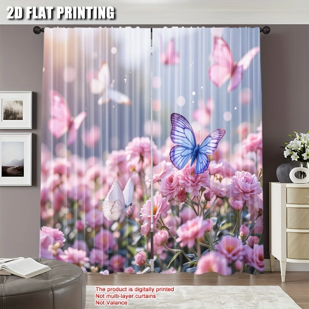 Soft Pink Peony Butterfly Curtain 2 Panels, Delicate Blue Butterflies Blush Peony Glowing Bokeh Print Warm Tone Bedroom Curtain