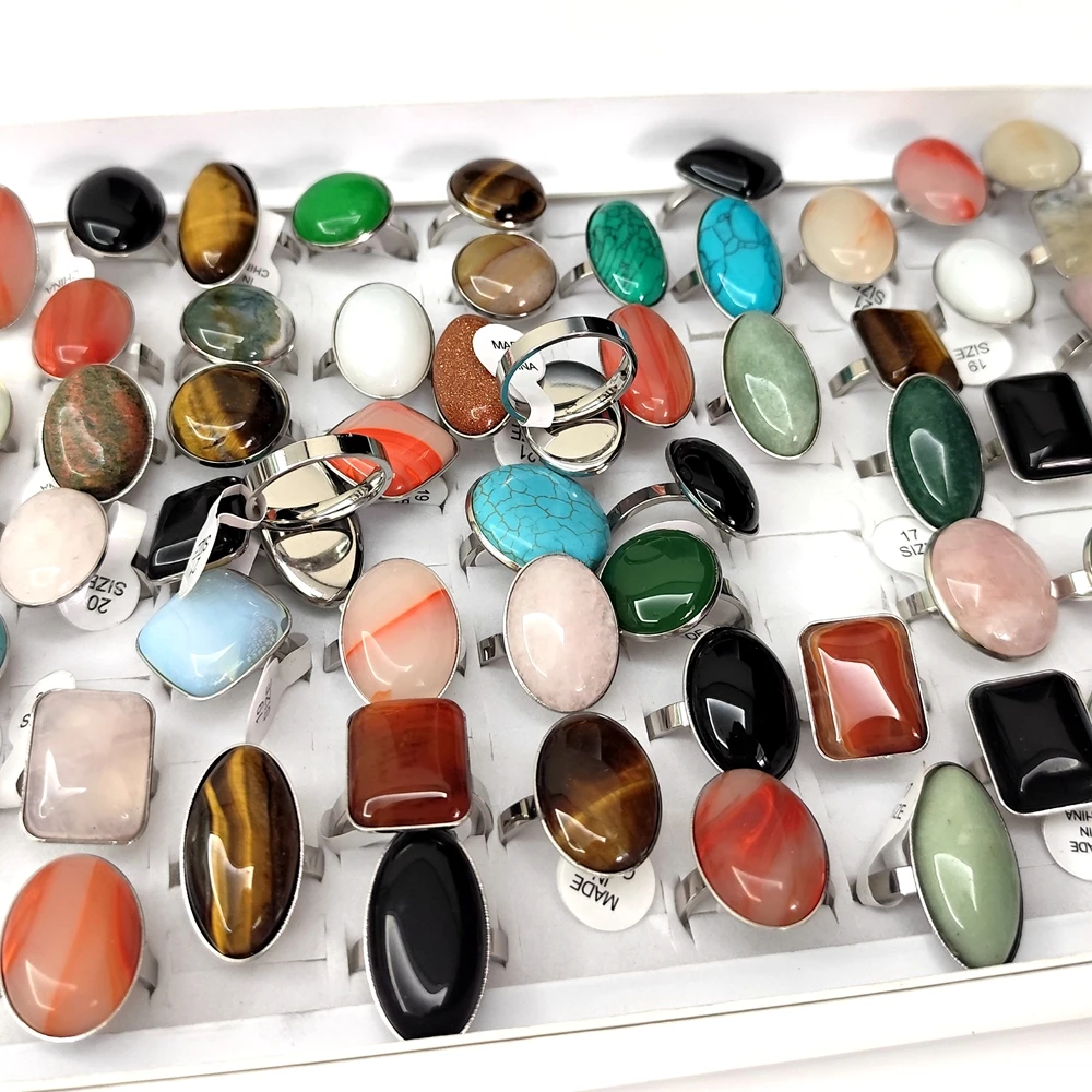 20 Stück/Los Großhandel Gemischte 316L Edelstahl Ringe mit Großen Natursteinen, Ovale und Quadratische Opal-Cabochon-Ringe, Party-Schmuck – Detail 6