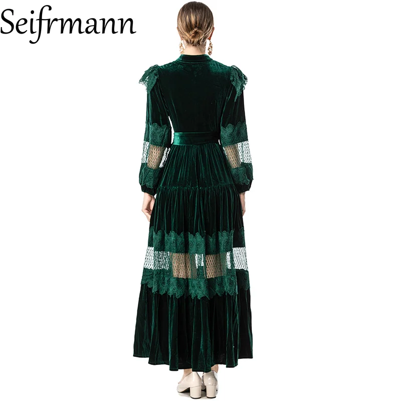 Seifrmann 2026 Wiosenna Nowa Kolekcja Damska Modna Sukienka z Kołnierzykiem Stójką, Długim Rękawem, Aksamitu, Koronkowymi Ramiączkami i Podkreśloną Talią