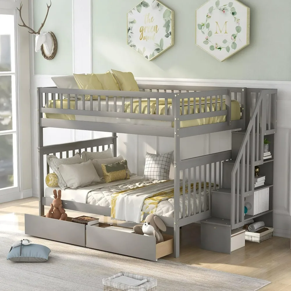 

Children Full Over Full Bunk Bed with Drawers, Solid Wood Bed Frame, Full Size Bunk Bed with Storage, Convertible Bunk Beds