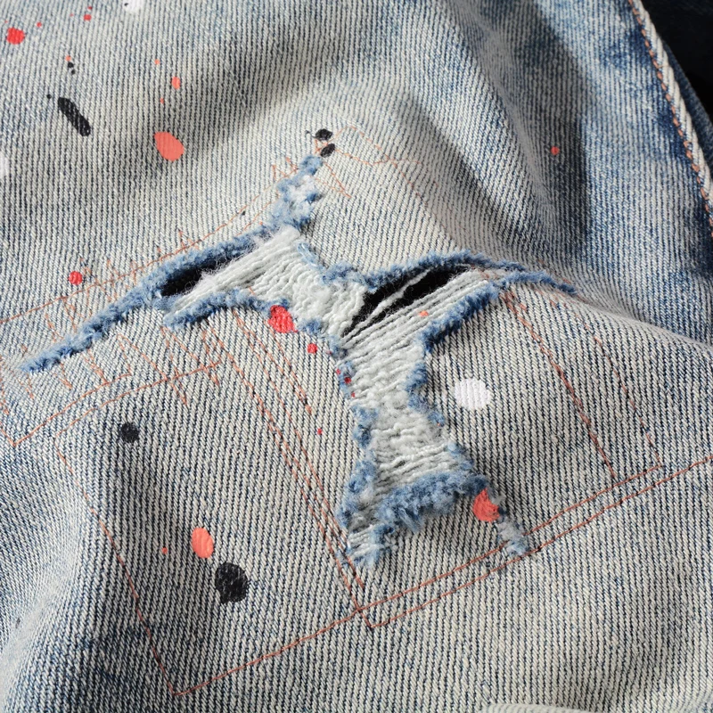 Summer Style Fashion Men Jeans Retro Gray Blue Elastic Ripped Short Jeans Homme Painted Designer Vintage Casual Denim Shorts Men