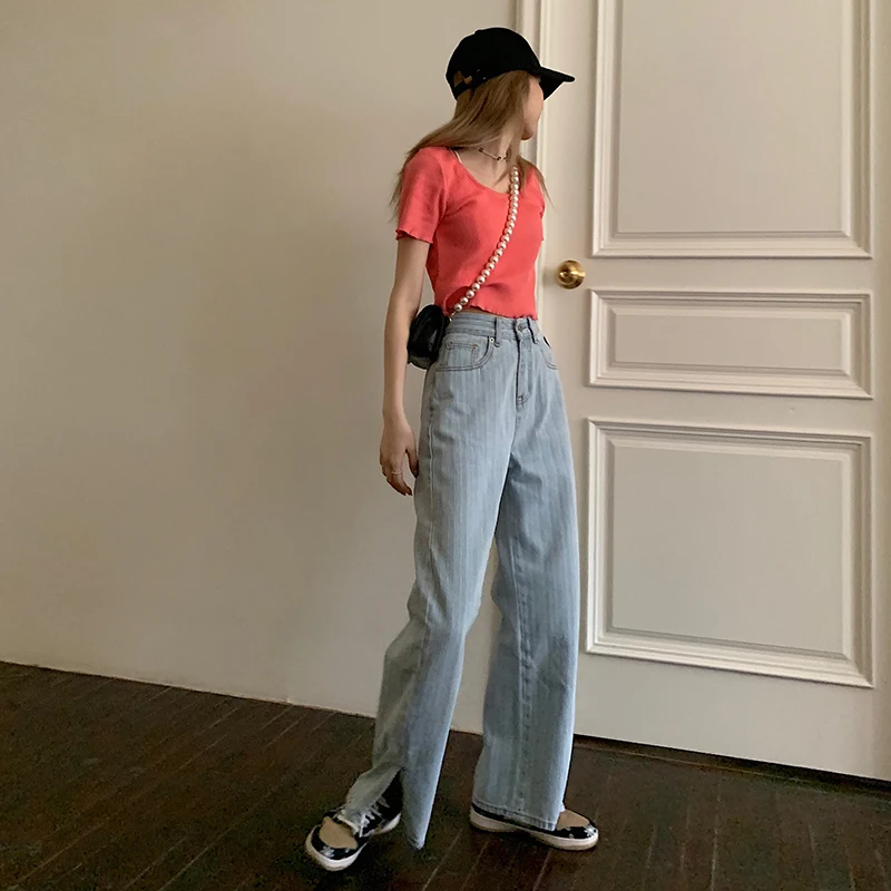 Vertical Striped Jeans Ladies Love Print Side Split Fashion Trousers New Y2k Retro Loose Wild Wide-leg Jeans Women Spring