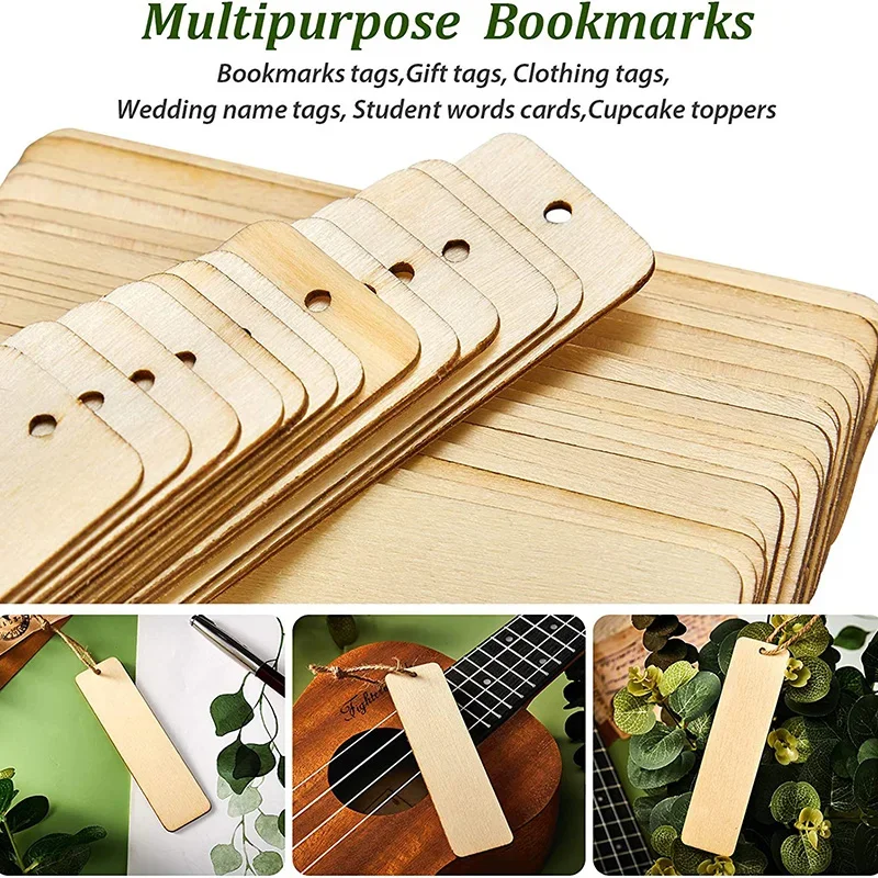 5/10Pcs Unfinished Wood Pieces Wood Blank Bookmarks Rectangle Wooden Gift Tags with Holes Hemp Ropes for Christmas DIY Ornaments