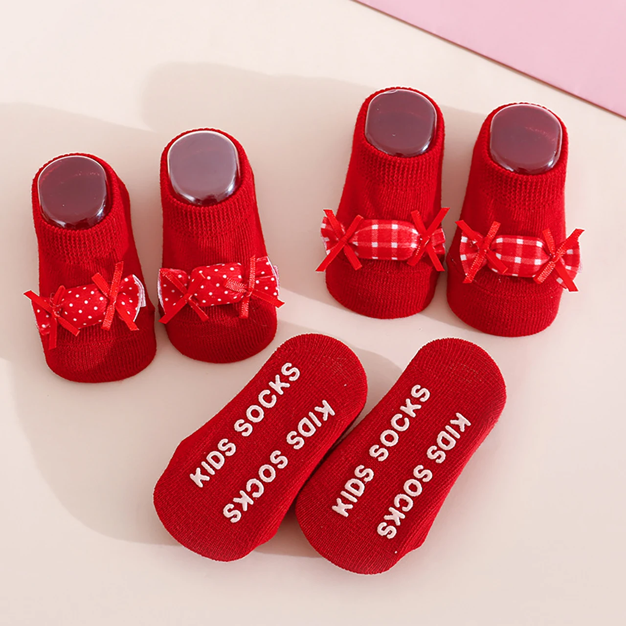 Baby Red New Year Socks Bow Toddler Boat Socks Solid Cotton Short Sock 0-3Year Kids Rubber Bottom Anti-slip Floor Sock Footwear