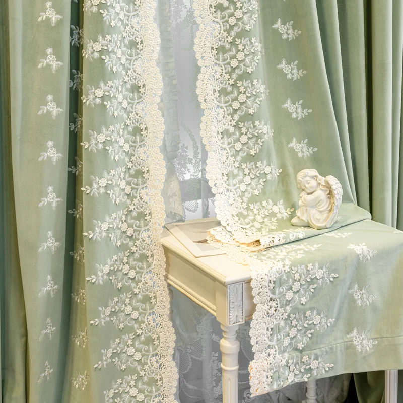 French  Embroidery Lace Relief Flowering green Bedroom velvet cloth blackout curtain tulle drape C2191