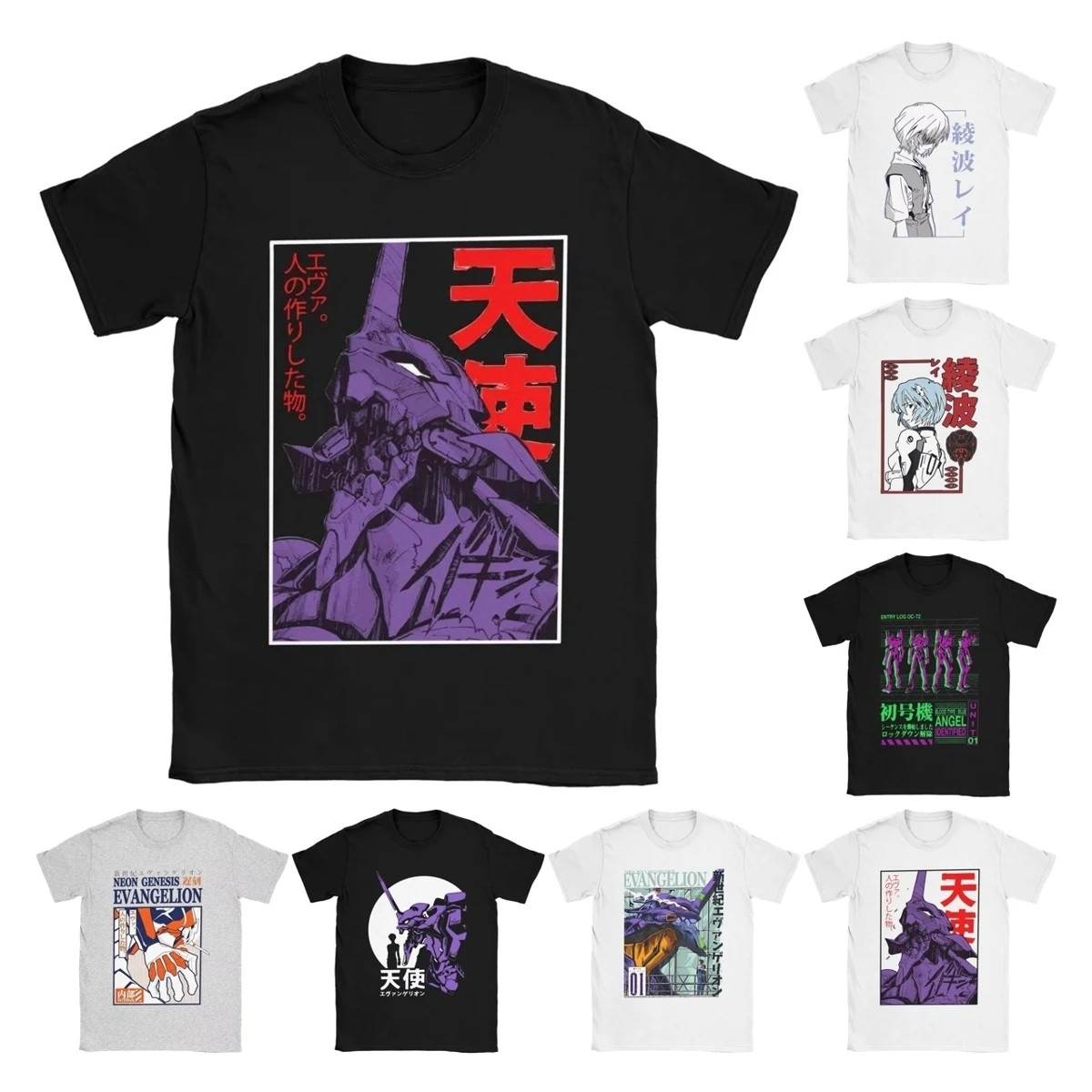 Men Women Evangelion Robot Kanji T Shirts Manga Pure Cotton Tops Novelty Short Sleeve O Neck Tees Summer T-Shirt