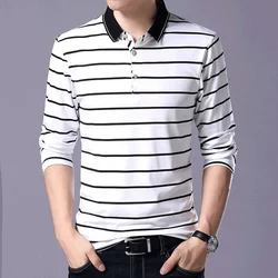 TFETTERS New Arrival 2024 Spring Autumn Men T-shirt Long Sleeve Casual Turn-down Striped T shirt Men Slim Fit Cotton Tops