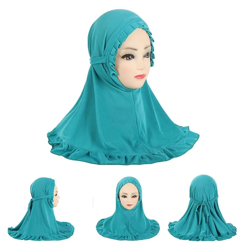 Breathable Girls Neck Shawl Solid Color Crinkles Texture Girls Muslim Hijab Handmade Comfortable Hijab Turban Cap