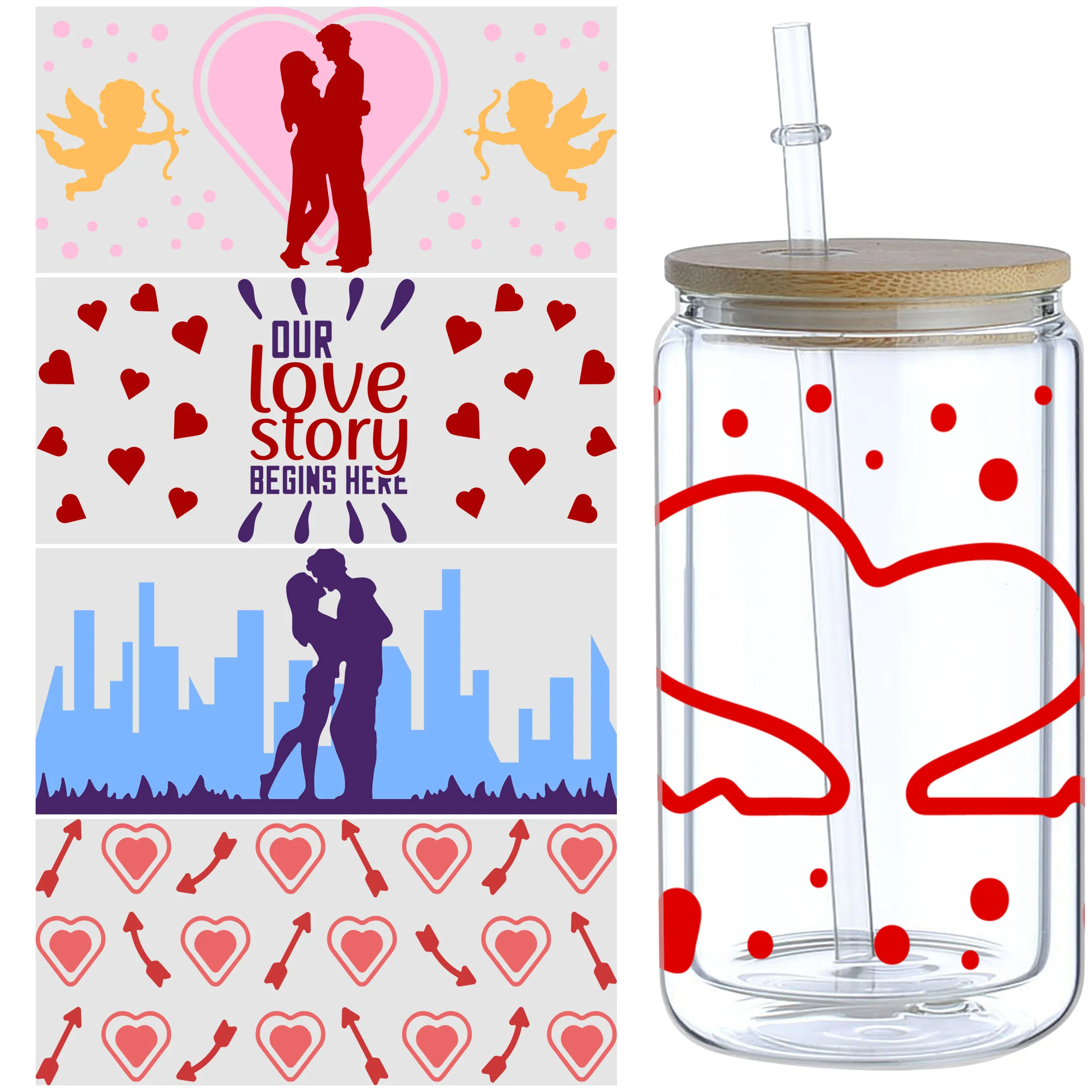 5sheets Valentine's Day UV DTF Cup Stickers, Glass DTF Transfer Stickers, Waterproof Couple Wipe-Off Transfer Paper