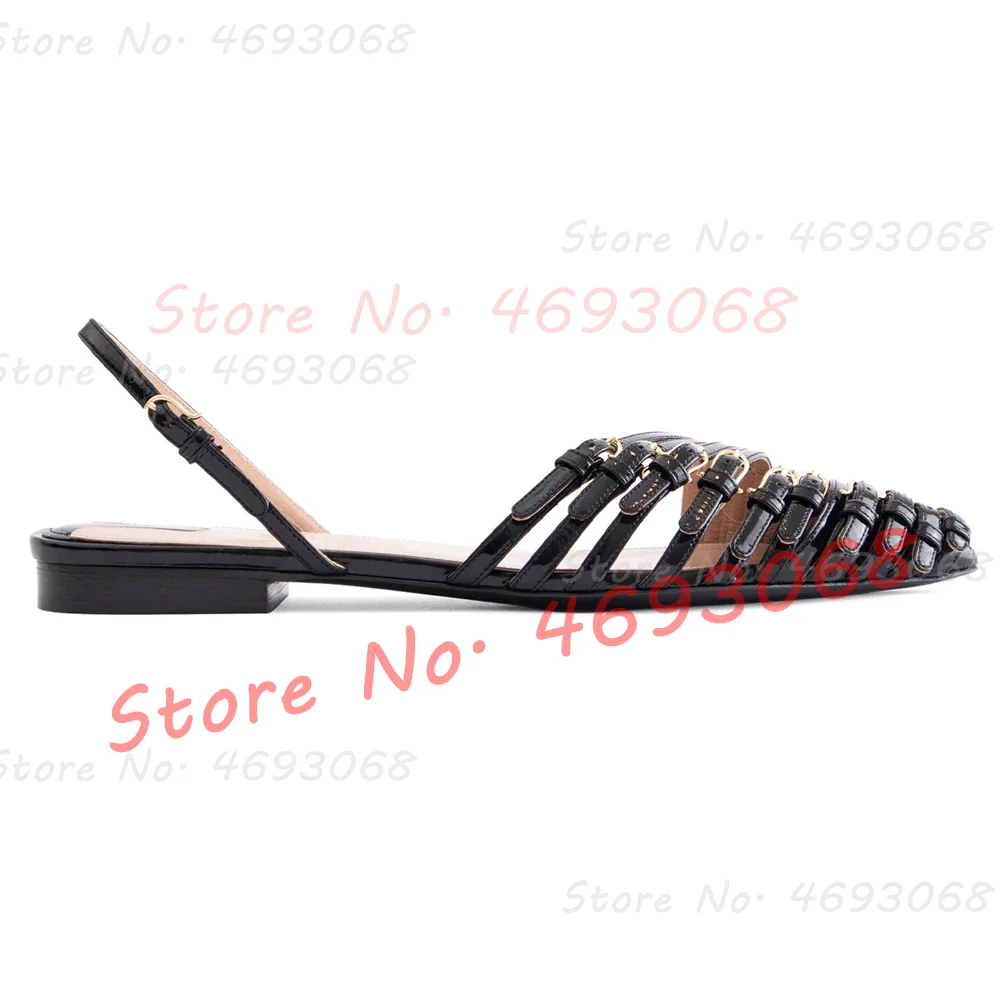 Red Multi Buckle Straps Flat Sandals Women Stylish Back Strap Pointy Toe Comfy Shoes Trendy Belt Buckles Metallic Leather Sandal