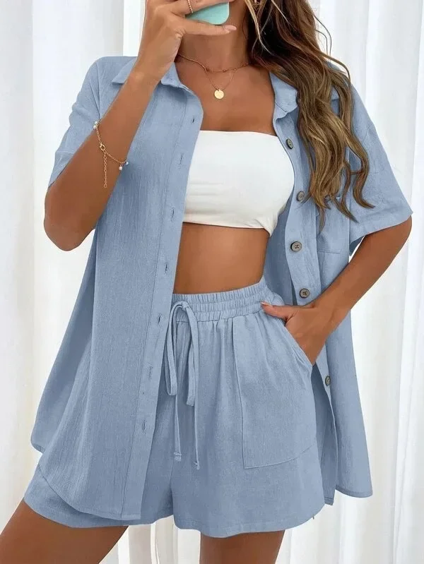 

Women's Casual Suit Summer Solid Color Fashion Loose Single-breasted Shirt Pocket Tie Shorts Women's Two-Piece Set