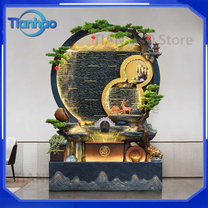 Waterfall Wall Fountain for Living Room Decoration Circular Floor Standing Water Feature with Rockery and Feng Shui Wheel