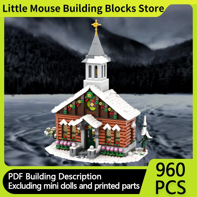 

City Street View Model MOC Building Bricks Winter Alpine Log Chapel Modular Technology Gifts Holiday Assemble Children Toys Suit