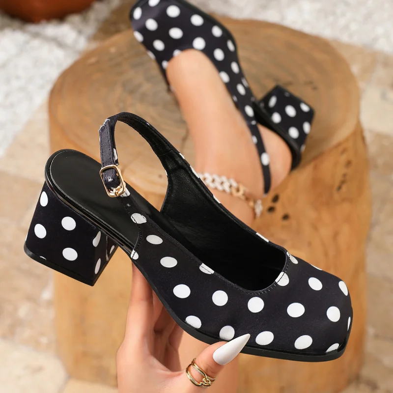 

New square-toed French high-heeled shoes with chunky heels, satin polka dot closed-toe women's sandals for summer