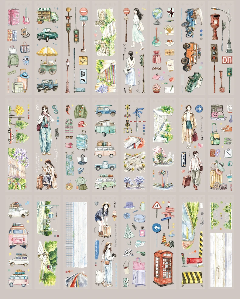 Journal GO Reise-Themen-Aufkleberbuch, 50 Stück Aquarell-Landschafts- und Personen-PET-Aufkleber für Planer, Karten, Tagebücher und Scrapbooks – Detail 15