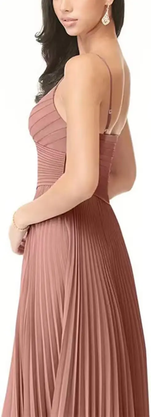 シフォン素材のウェディングゲストドレス 2025 エレガントなVネックプリーツAラインブライズメイドドレス スリット入りマキシドレス BW006 イブニングドレス