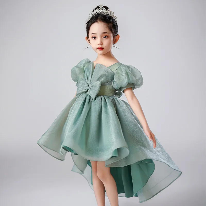 2024 Sommer grün Kinder Prinzessin Kleid für Geburtstags zeremonien Hochzeits feier Blumen mädchen Tüll asymmetrische Größe 4-14 rosa – Detail 4