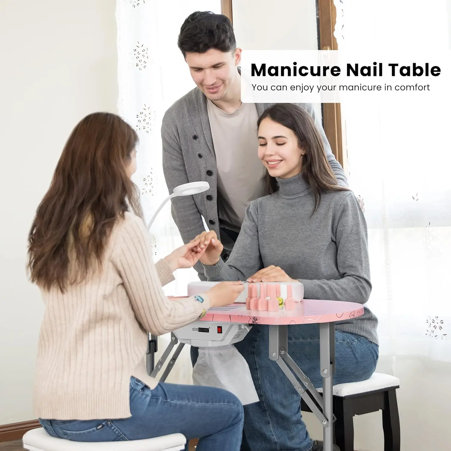 Portable Manicure Nail Table on Wheels with Built-in Dust Collector, Updated USB-Plug LED Table Lamp