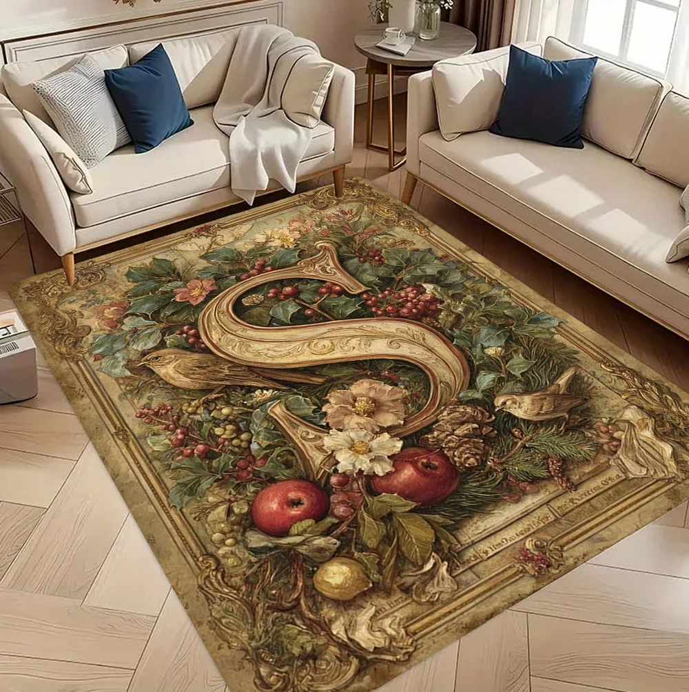 Vintage Botanical Letter Art Pattern Area Rug Illustration Texture Floor Carpet for Living Room Artistic Home Decor Sofa Area