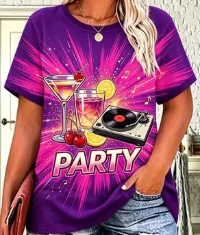Women Retro Party Cocktail Vinyl Record Graphic T‑Shirt Music Drink Casual Short Sleeve Tee Top